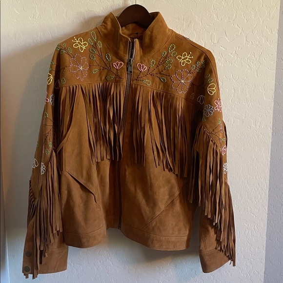Free People Willa Western Bomber Tan Leather Jacket with Fringe Embroidery - Picture 6 of 11